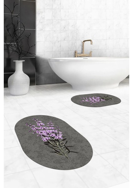 Dijital Baskılı Yıkanabilir Modern Çiçekli Ikili Banyo Halısı Paspas Oval, Klozet-29-Gri, fiyatları