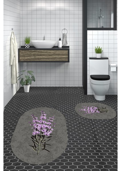 Dijital Baskılı Yıkanabilir Modern Çiçekli Ikili Banyo Halısı Paspas Oval, Klozet-29-Gri, modelleri