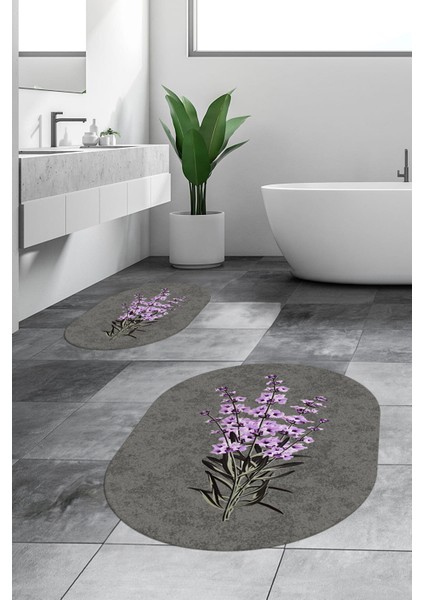 Dijital Baskılı Yıkanabilir Modern Çiçekli Ikili Banyo Halısı Paspas Oval, Klozet-29-Gri, fırsatları