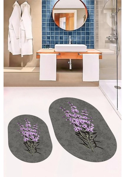 Dijital Baskılı Yıkanabilir Modern Çiçekli Ikili Banyo Halısı Paspas Oval, Klozet-29-Gri, indirimleri