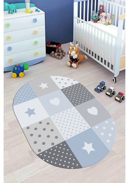 Dijital Baskılı Kaymaz Yıkanabilir Yıldız Kalp Desenli Oval Çocuk Odası Halısı, O-Çocuk-10-Mavi,