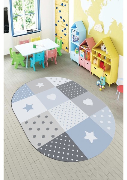 Dijital Baskılı Kaymaz Yıkanabilir Yıldız Kalp Desenli Oval Çocuk Odası Halısı, O-Çocuk-10-Mavi, modelleri