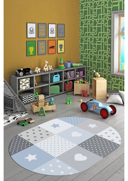 Dijital Baskılı Kaymaz Yıkanabilir Yıldız Kalp Desenli Oval Çocuk Odası Halısı, O-Çocuk-10-Mavi, fırsatları