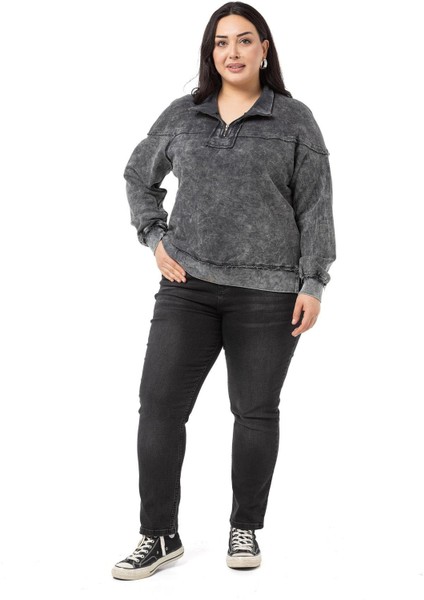 Büyük Beden Pis Dikişli Fermuarlı Yırtmaçlı Parça Boyalı Antrasit Sweatshirt fiyatları