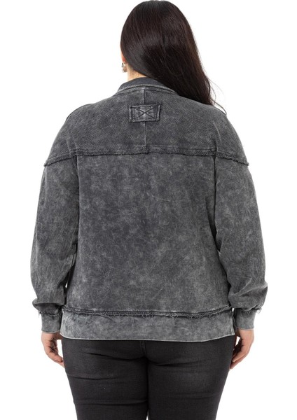 Büyük Beden Pis Dikişli Fermuarlı Yırtmaçlı Parça Boyalı Antrasit Sweatshirt modelleri