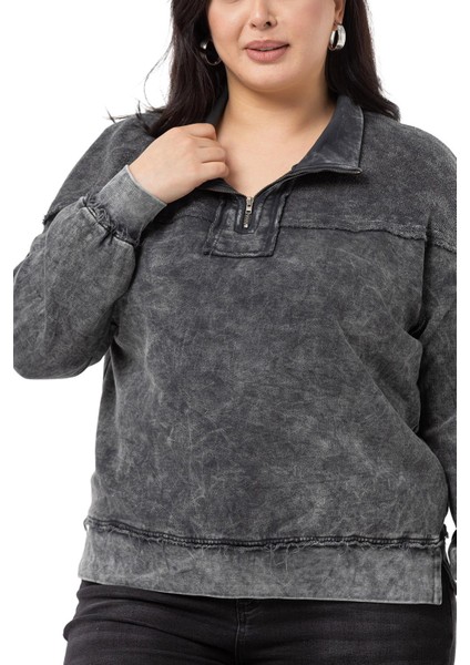 Büyük Beden Pis Dikişli Fermuarlı Yırtmaçlı Parça Boyalı Antrasit Sweatshirt fırsatları