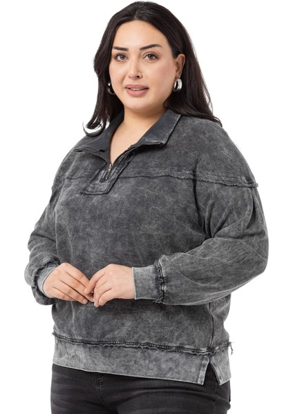 Büyük Beden Pis Dikişli Fermuarlı Yırtmaçlı Parça Boyalı Antrasit Sweatshirt indirimleri