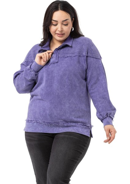 Büyük Beden Pis Dikişli Fermuarlı Yırtmaçlı Parça Boyalı Mor Sweatshirt