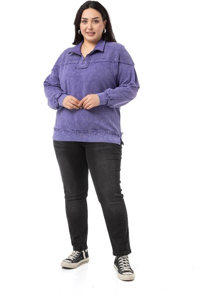 Büyük Beden Pis Dikişli Fermuarlı Yırtmaçlı Parça Boyalı Mor Sweatshirt fiyatları