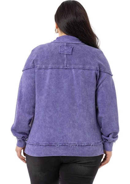Büyük Beden Pis Dikişli Fermuarlı Yırtmaçlı Parça Boyalı Mor Sweatshirt modelleri