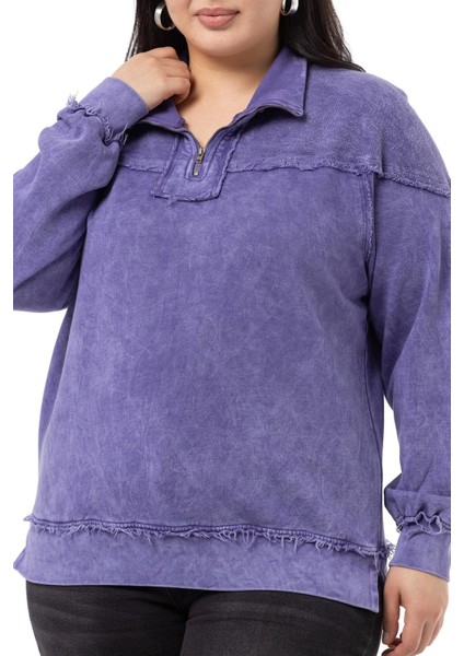 Büyük Beden Pis Dikişli Fermuarlı Yırtmaçlı Parça Boyalı Mor Sweatshirt fırsatları