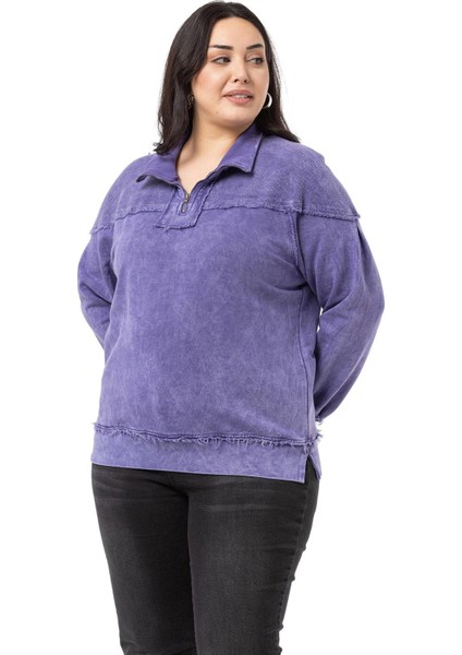 Büyük Beden Pis Dikişli Fermuarlı Yırtmaçlı Parça Boyalı Mor Sweatshirt indirimleri
