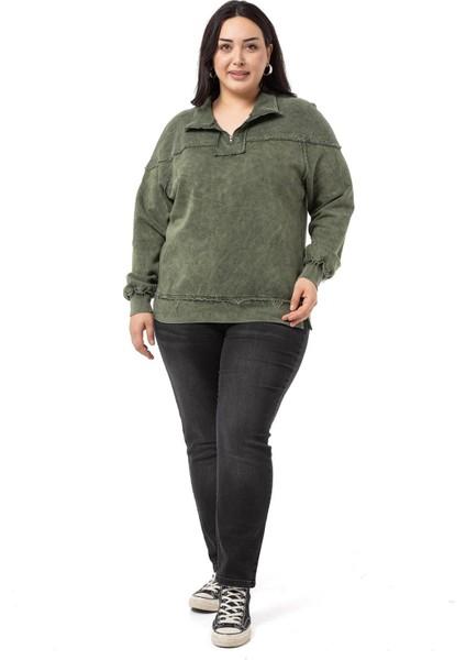 Büyük Beden Pis Dikişli Fermuarlı Yırtmaçlı Parça Boyalı Haki Sweatshirt fiyatları