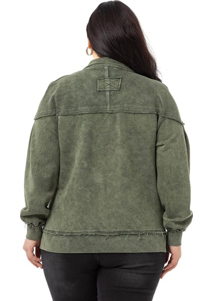 Büyük Beden Pis Dikişli Fermuarlı Yırtmaçlı Parça Boyalı Haki Sweatshirt modelleri