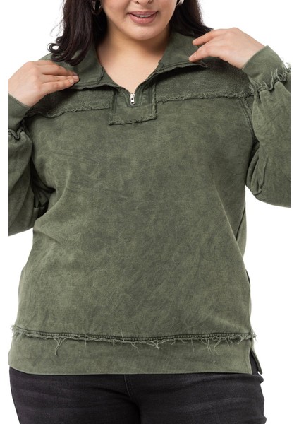 Büyük Beden Pis Dikişli Fermuarlı Yırtmaçlı Parça Boyalı Haki Sweatshirt fırsatları