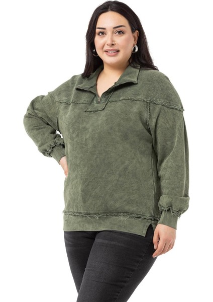 Büyük Beden Pis Dikişli Fermuarlı Yırtmaçlı Parça Boyalı Haki Sweatshirt indirimleri