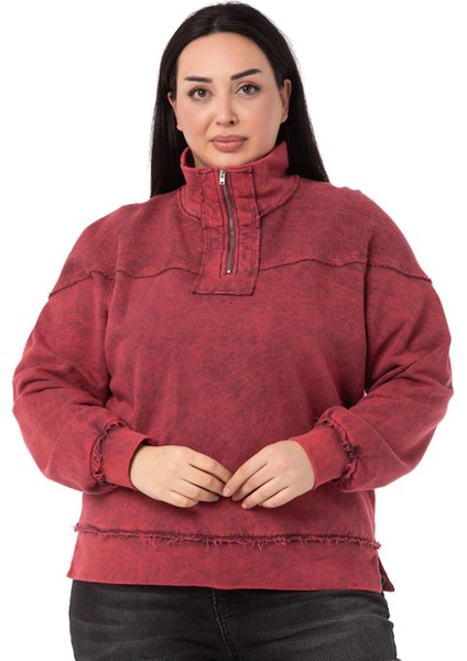 Büyük Beden Pis Dikişli Fermuarlı Yırtmaçlı Parça Boyalı Bordo Sweatshirt