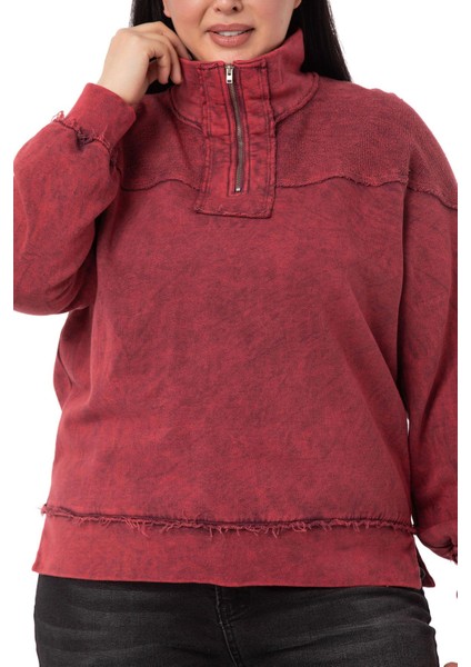 Büyük Beden Pis Dikişli Fermuarlı Yırtmaçlı Parça Boyalı Bordo Sweatshirt