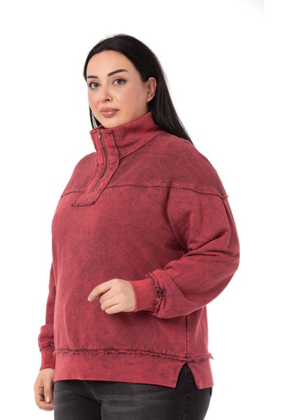 Büyük Beden Pis Dikişli Fermuarlı Yırtmaçlı Parça Boyalı Bordo Sweatshirt