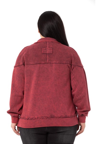 Büyük Beden Pis Dikişli Fermuarlı Yırtmaçlı Parça Boyalı Bordo Sweatshirt modelleri