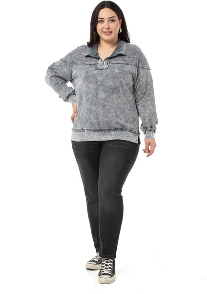 Büyük Beden Pis Dikişli Fermuarlı Yırtmaçlı Parça Boyalı Gri Sweatshirt fiyatları