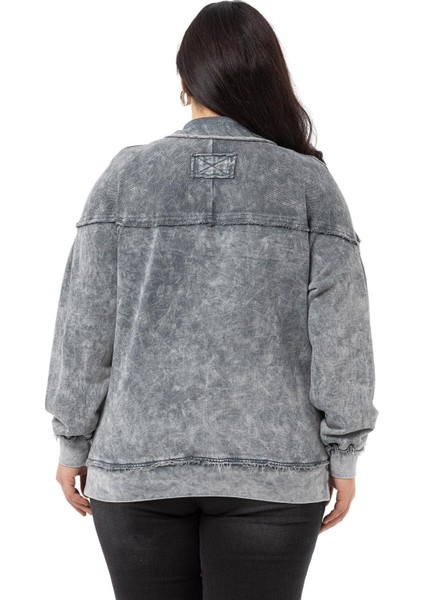 Büyük Beden Pis Dikişli Fermuarlı Yırtmaçlı Parça Boyalı Gri Sweatshirt modelleri