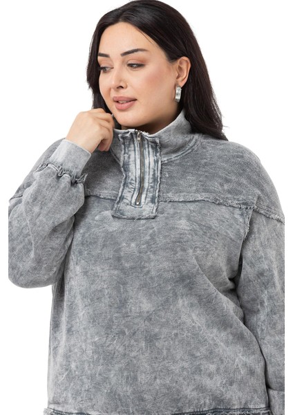 Büyük Beden Pis Dikişli Fermuarlı Yırtmaçlı Parça Boyalı Gri Sweatshirt fırsatları