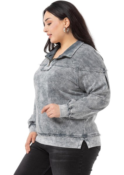 Büyük Beden Pis Dikişli Fermuarlı Yırtmaçlı Parça Boyalı Gri Sweatshirt indirimleri