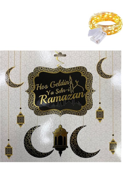 Gold-Siyah Hoşgeldin Ya Şehri Ramazan Tavan Süs + LED - Hoşgeldin Ramazan Banner Ramazan Sarkıt