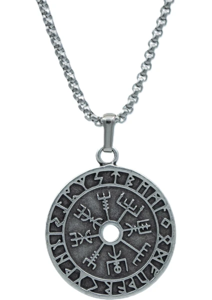 Bu Farklı Vegvisir Pusula - Viking Sembol Örme Zincir Kolye - Gümüş Kaplama - Erkek Kadın Kolye - NO:1379