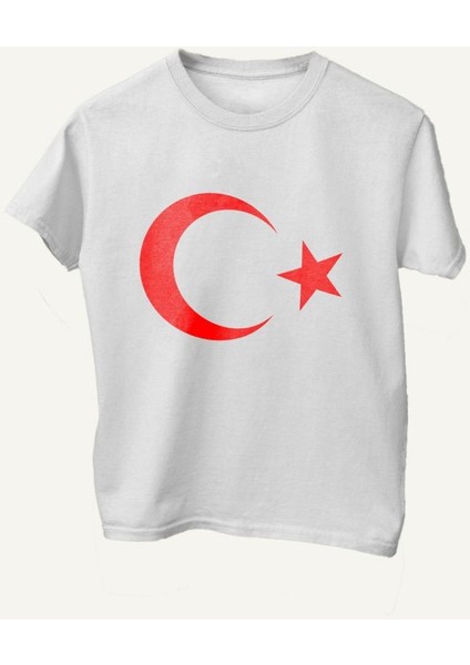 %100PAMUK Standart Kesim Sıfır Yaka Kısa Kollu Kırmızı Ay-Yıldız Baskılı Beyaz 23 Nisan Çocuk T-Shirt