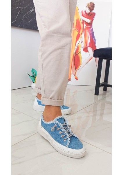 Mavi Renk Taşlı Düz Taban Kadın Kot Sneakers fiyatları