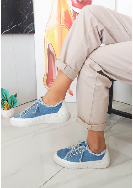 Mavi Renk Taşlı Düz Taban Kadın Kot Sneakers fırsatları