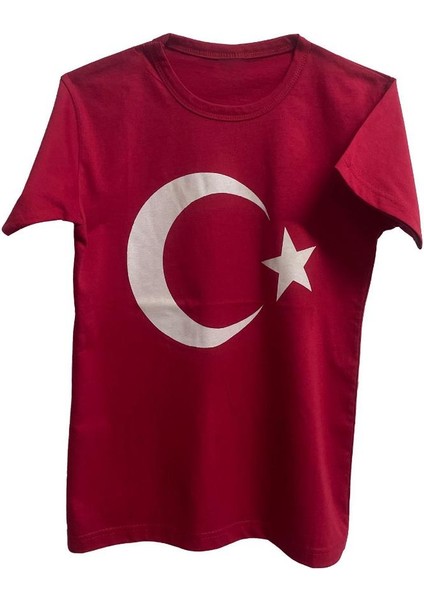 %100 Pamuk Standart Kesim Sıfır Yaka Kısa Kollu Beyaz Ay-Yıldız Baskılı Kırmızı 23 Nisan T-Shirt
