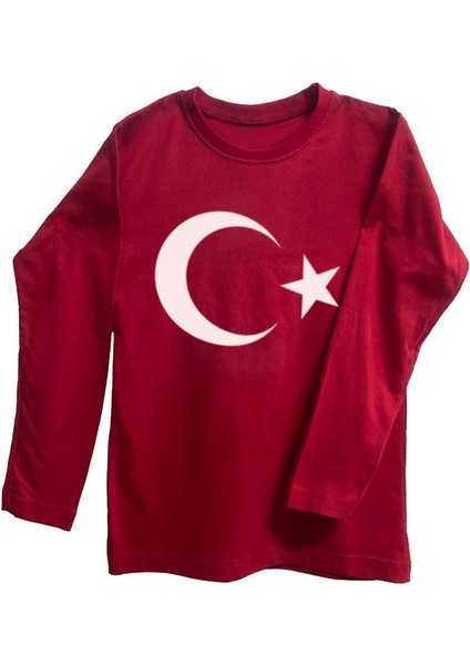 %100PAMUK Standart Kesim Sıfır Yaka Uzun Kollu Beyaz Ay-Yıldız Baskılı Kırmızı 23 Nisan Çocuk T-Shirt
