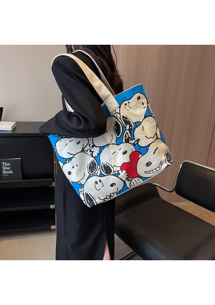 Kanvas Çanta Kadın Büyük Kapasiteli El Çantası Alışveriş Çantası Snoopy Karikatür Büyük Çanta Eğlence Omuz Tote Çanta (Yurt Dışından) indirimleri