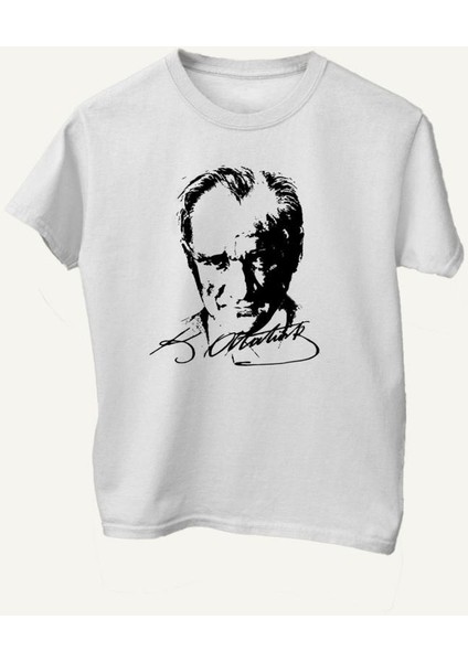 %100 Pamuk Standart Kesim Sıfır Yaka Kısa Kollu Siyah Atatürk Baskılı Beyaz 23 Nisan Çocuk T-Shirt