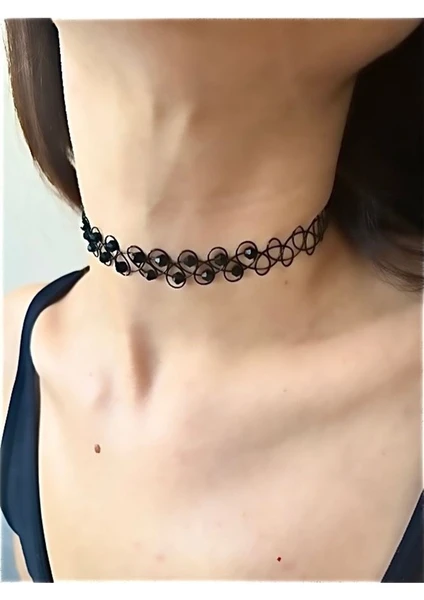 Siyah Choker Tasma Tatto Kolye Taşlı Mat Siyah Renk Tek Ebat Beden