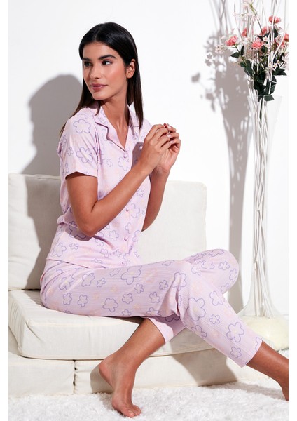 Regular Fit Gömlek Yaka Kısa Kollu Pijama Takımı Bayan Pijama Takımı 65780124