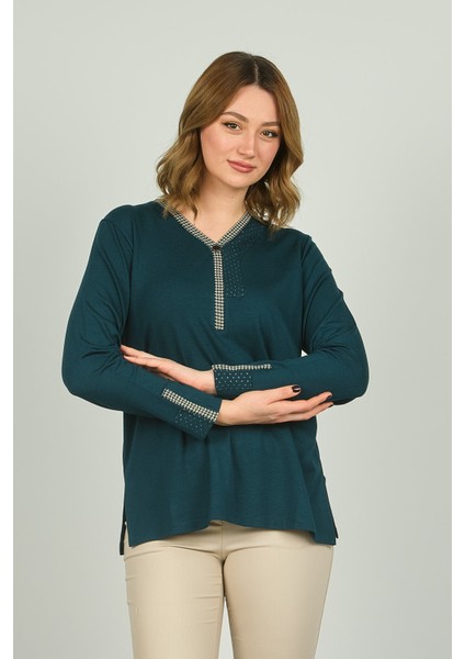 Kadın Kolları ve Yakası Işlemeli Uzun Kol Bluz 0507 Zümrüt fırsatları