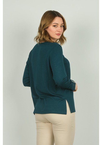 Kadın Kolları ve Yakası Işlemeli Uzun Kol Bluz 0507 Zümrüt indirimleri