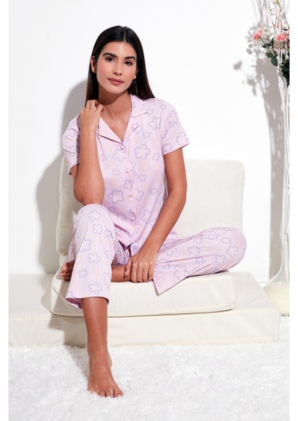 Regular Fit Gömlek Yaka Kısa Kollu Pijama Takımı Bayan Pijama Takımı 65780124