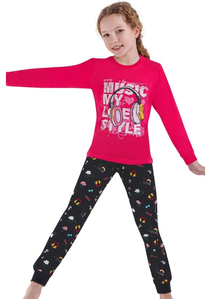753U Kız Çocuk Uzun Kollu Pijama Takımı-Fuşya
