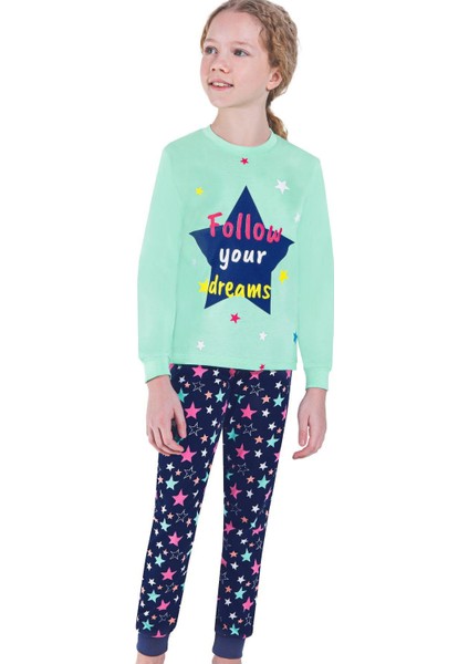 759U Kız Çocuk Uzun Kollu Pijama Takımı-Mint