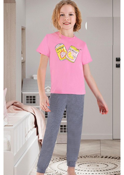 742K Kız Çocuk Kısa Kollu Pijama Takımı-Pembe