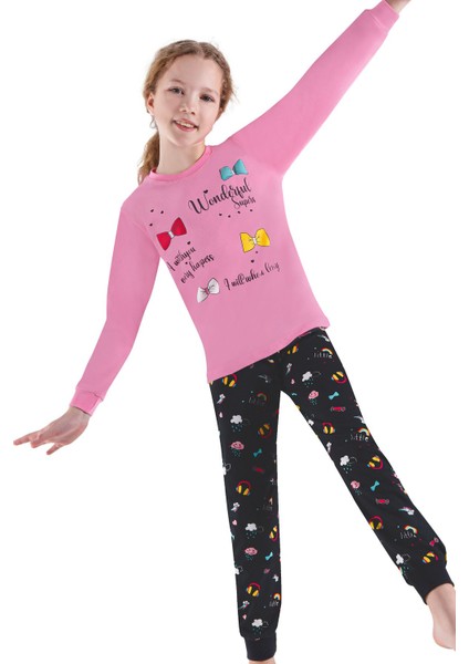 754GU Kız Çocuk Garson Boy Uzun Kollu Pijama Takımı-Pembe