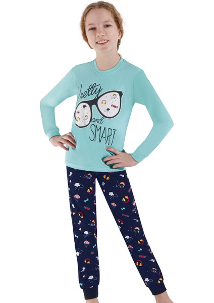 756U Kız Çocuk Uzun Kollu Pijama Takımı-Mavi