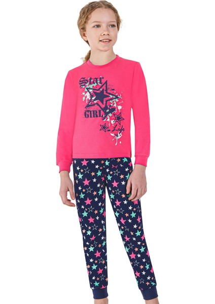 760U Kız Çocuk Uzun Kollu Pijama Takımı-Fuşya