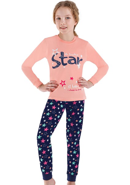 757U Kız Çocuk Uzun Kollu Pijama Takımı-Somon