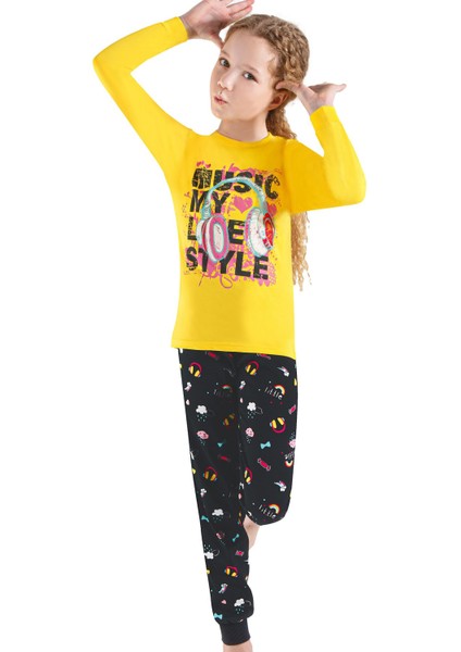 753U Kız Çocuk Uzun Kollu Pijama Takımı-Sarı